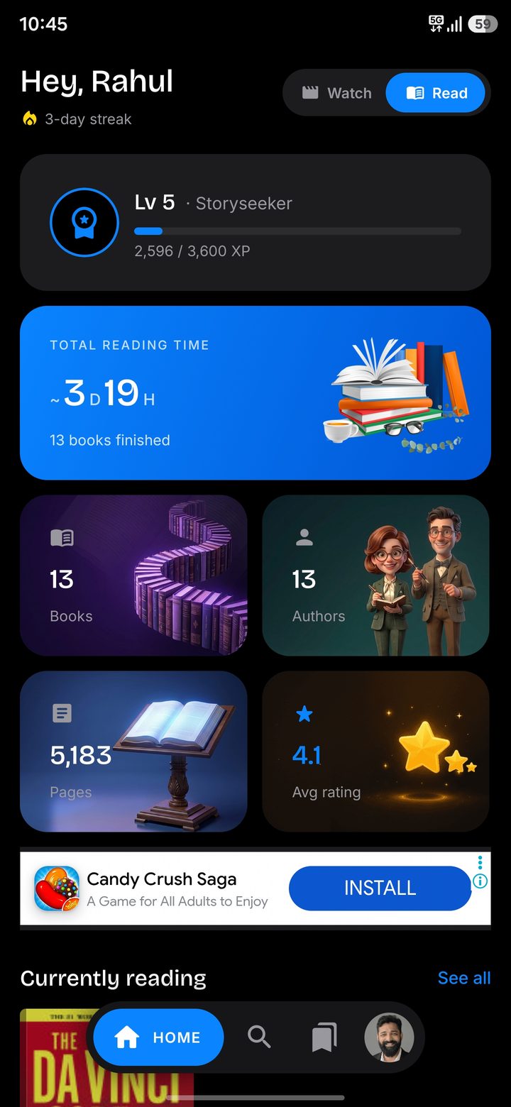 BingeMark Read home with total reading time, books, authors and pages read
