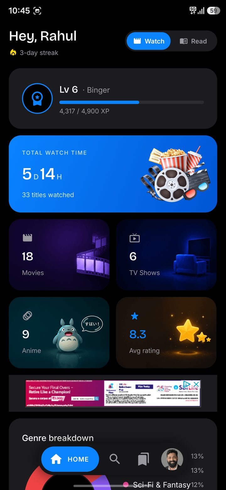 BingeMark home screen with total watch time and movie, TV show and anime stats
