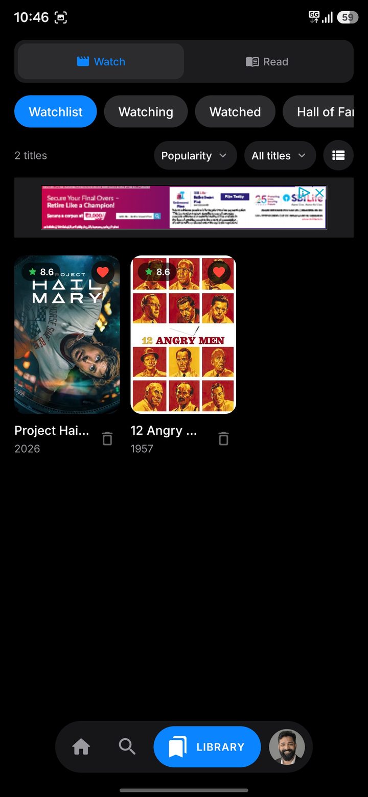 BingeMark library with Watchlist, Watching, Watched and Hall of Fame