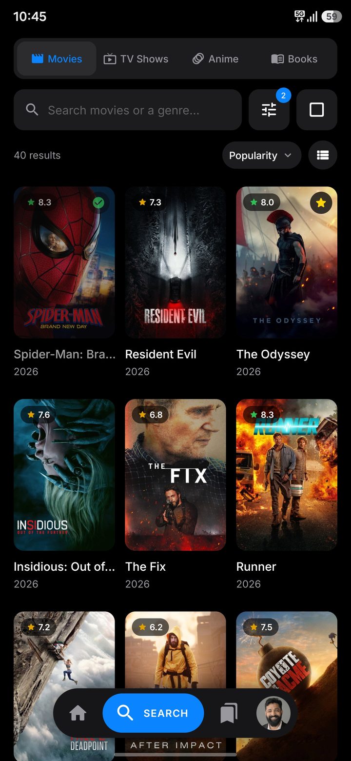 BingeMark search across movies, TV shows and anime with filters
