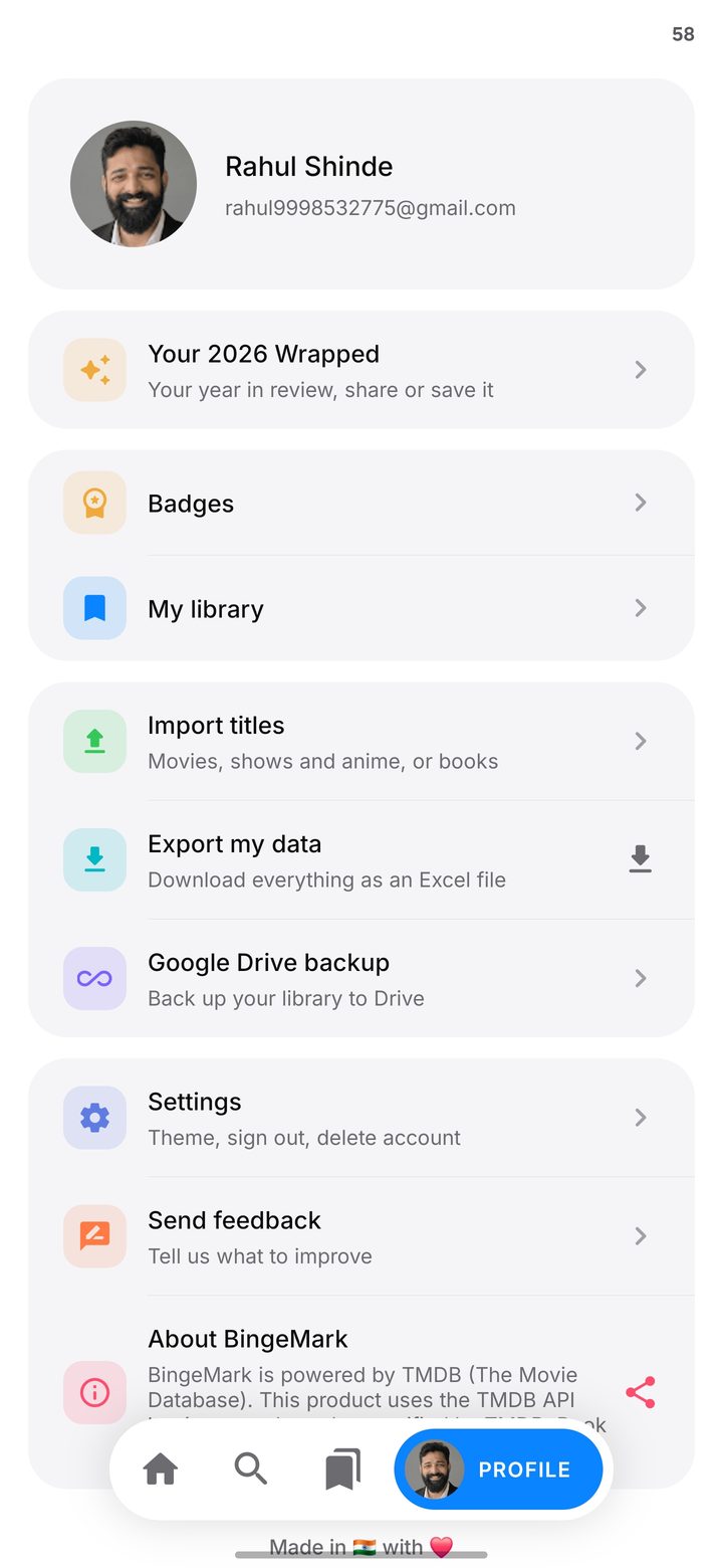 BingeMark profile and settings in the light theme